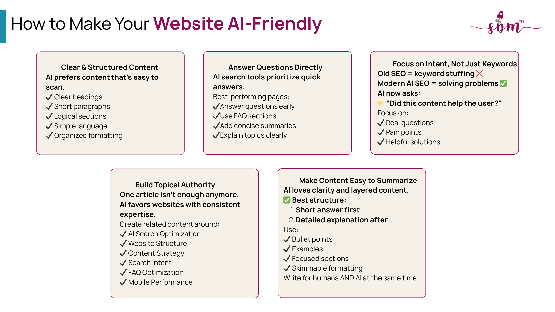 how to make a website AI-friendly using structured content, search intent optimization, topical authority, and AI SEO best practices